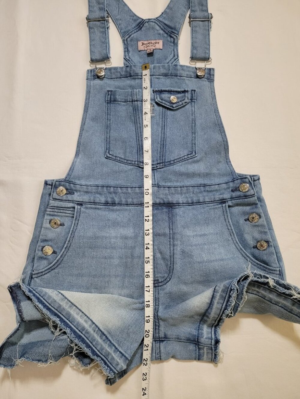 Juicy Couture Y2K Denim Short Overalls Raw Hem Medium Wash Small Streetwear - Picture 10 of 11